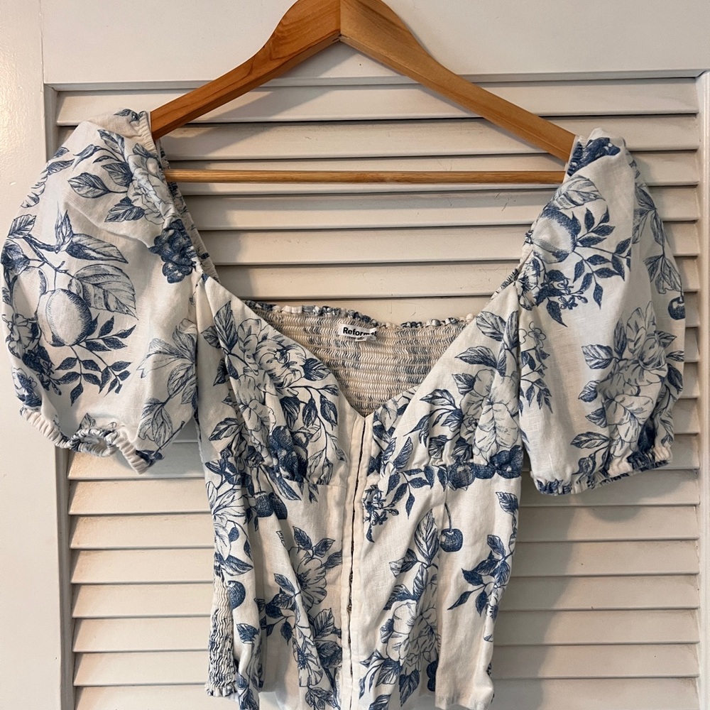 Reformation Rome Blue and White Floral Blouse